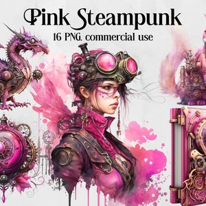 Watercolor Clipart Pink Steampunk, Watercolor Steampunk PNG,Pink Steampunk Victorian Bundle, Fantasy Clipart, Instant Digital Download