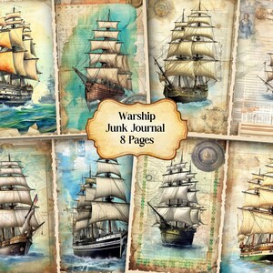 Watercolor Warship Journal Printable Page, Realistic Army Ship Junk Journal Kit, Junk Journal Paper Digital Collage Sheet, Instant Download