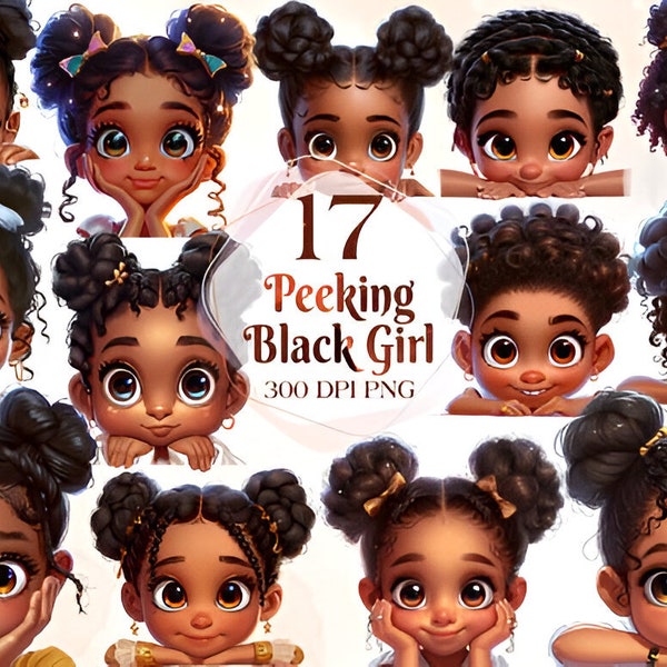 Regalo di bundle di clipart per ragazze afro nere che sbirciano carino. Bambini che sbirciano, clip art di Sublimation Designs, grafica per bambine, ragazze afro afro