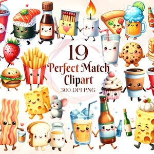 Perfekte Kombination, Beste Freunde Clipart für digitales Scrapbooking, Valentinstag Clipart, Kawaii Essen für Planner & digitales Basteln, Aufkleber Blatt