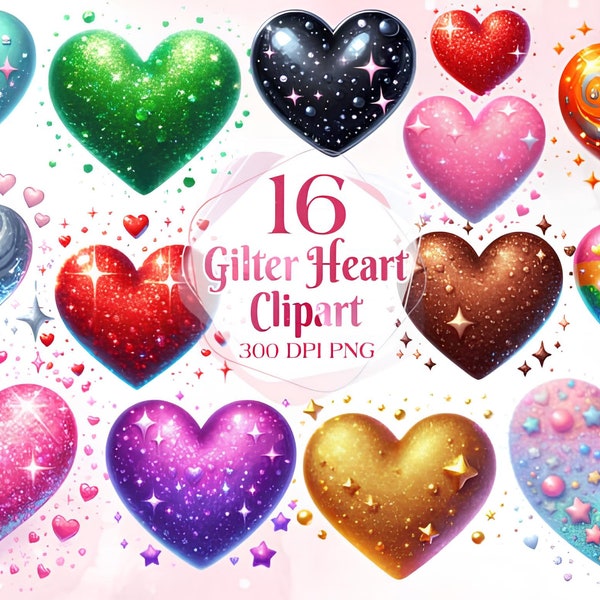 Glitter Hearts Clipart Set - clip art set of rainbow hearts, glitter hearts, sparkles - Instant Download, Personal Use, Commercial Use, PNG