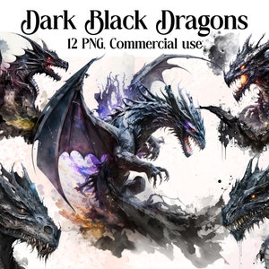 Dark Black Dragon Clipart, PNG, Full Commercial Use, Fantasy Clipart, Watercolor Dragon Clipart, Watercolor Clipart with Instant Download