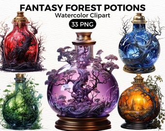 Fantasy Forest Potions ClipArt PNG | Beautiful Witchy Fantasy Clip Art | Watercolour | Instant Download, Printable with Full Commercial Use