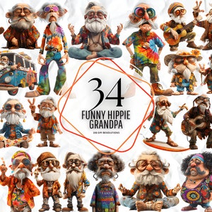 Grand-père hippie drôle Png - Sublimation PNG grand-père hippie Clipart PNG Bundle grand-père drôle aquarelle Art Clipart PNG usage commercial