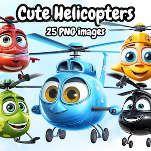 Clipart de helicóptero fofo, desenho de veículos fofos de bebê para crianças, download instantâneo, veículos animados de desenho animado de crianças, presente de clipart PNG de alta qualidade