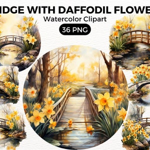 Garden Bridge Daffodil Flowers Clipart, garden Digital watercolor Clipart,Watercolor Clipart Spring, summer Flowers illustration Digital Art