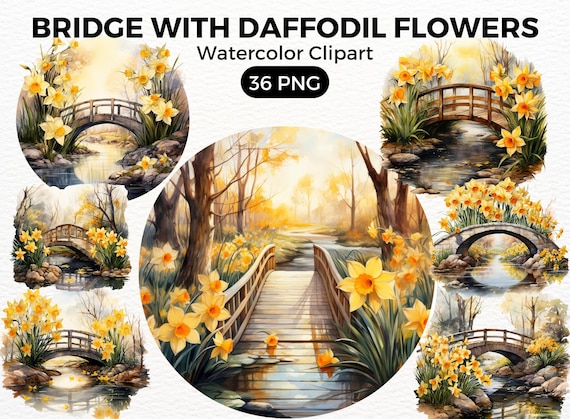 Garden Bridge Daffodil Flowers Clipart, garden Digital watercolor Clipart,Watercolor Clipart Spring, summer Flowers illustration Digital Art