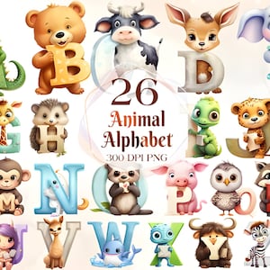 Schattige dierenalfabet digitale aquarel clipart, brieven met hoge resolutie voor kinderen, commerciële licentie inbegrepen, direct downloaden voor kinderen