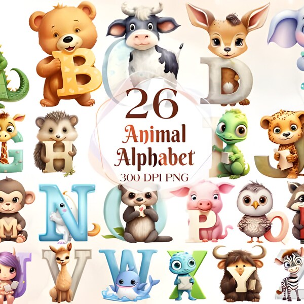 Cute Animal Alphabet Digital Watercolor Clipart, High-Resolution Letters for Kids, Commercial License Included, Instant Download for Kids