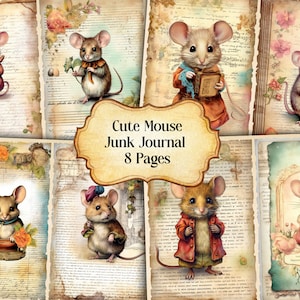 Watercolor Cute Mouse Junk Journal Printable Page, Little Mouse Junk Journal Kit, Junk Journal Paper Digital Collage Sheet, Instant Download