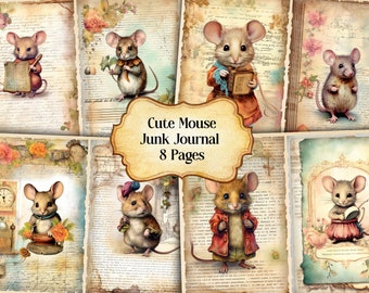Watercolor Cute Mouse Junk Journal Printable Page, Little Mouse Junk Journal Kit, Junk Journal Paper Digital Collage Sheet, Instant Download