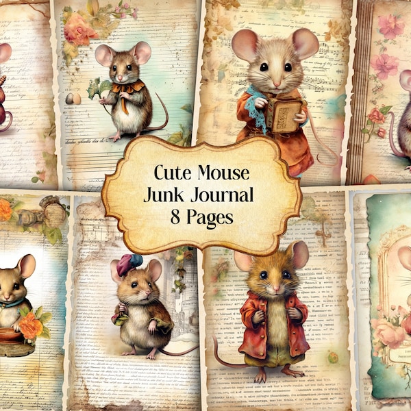 Watercolor Cute Mouse Junk Journal Printable Page, Little Mouse Junk Journal Kit, Junk Journal Paper Digital Collage Sheet, Instant Download