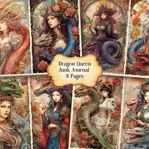 Watercolor Dragon Queen Journal Printable Page, Fantasy DRagon Queen Junk Journal,Junk Journal Paper Digital Collage Sheet, Instant Download
