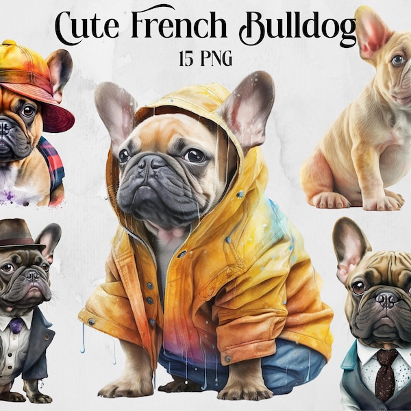 Watercolor Cute French Bulldog Clipart - cute Frenchie dogs and puppies lovers gift digital PNG format instant download for commercial use