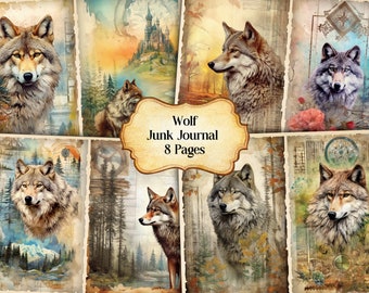 Watercolor Wolf Junk Journal Printable Page, Wolf Junk Journal, Junk Journal Paper Digital Collage Sheet,Instant Download,Safari Animals