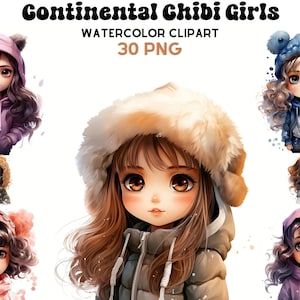 Continental Chibi Girls, Watercolor Girls, Cute Illustrations, Digital Craft Bundle, Scrapbooking Bundle, Whimsical Paper Craft, Tropic