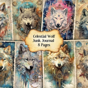 Aquarell Himmlischer Wolf Junk Journal Druckbare Seite, Cosmic Wolf Junk Journal, Junk Journal Papier Digitale Collage Blatt, Sofortiger Download