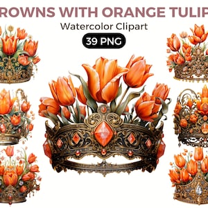Royal Crowns With Orange Tulips Flowers Clipart, Watercolor floral clipart, bouquets, flowers, nursery, wreath, blossom, for portraits png