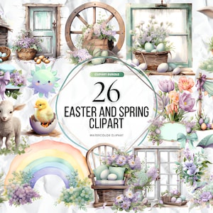 Easter and Spring watercolor clipart, spring garden clipart, farmhouse spring clipart, farmhouse spring png, hello spring watercolor clipart