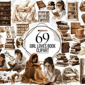 Clipart amateur de livres, clipart aquarelle confortable, clipart jolie fille, tasse à café, fauteuil png, clipart livres, rose et blush, doux, téléchargement