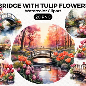 Garden Bridge Tulip Flowers Clipart, garden clip art, Digital watercolor, Watercolor Clipart Spring, summer Flowers illustration Digital Art