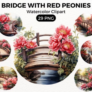 Garden Bridge Red Peonies Clipart, garden clipart, Digital watercolor, Watercolor Clipart Spring, summer Flowers illustration Digital Art
