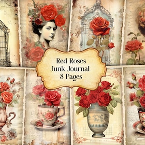 Red Roses Junk Journal Kit, Vintage Red Roses Junk Journal Pages, Dictionary page Junk Journal Printable Paper, Digital Collage Sheet