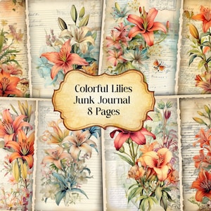 Colorful Lilies Junk Journal Kit,Vintage Lily Flowers Junk Journal Pages,Dictionary page Junk Journal Printable Paper, Digital Collage Sheet