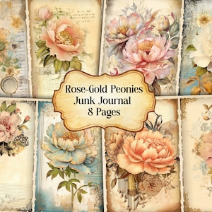 Rose Gold Peonies Junk Journal Pages, Vintage Peony Junk Journal Kit, Junk Journal Printable Paper, Digital Collage Sheet, Instant Download
