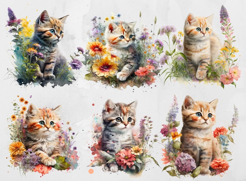 Watercolor Kitten Clipart, Animal PNG, Cute Floral Cat Clipart Bundle ...