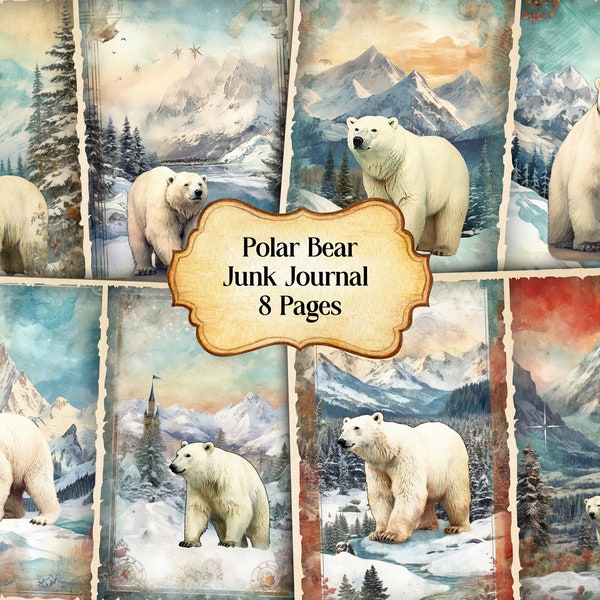 Watercolor Polar Bear Junk Journal Printable Page, Polar Bear Junk Journal Kit, Junk Journal Paper Digital Collage Sheet,Instant Download
