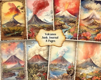 Watercolor Volcanos Journal Printable Page, Fantasy Volcanos Junk Journal Kit,Junk Journal Paper Digital Collage Sheet, Instant Download