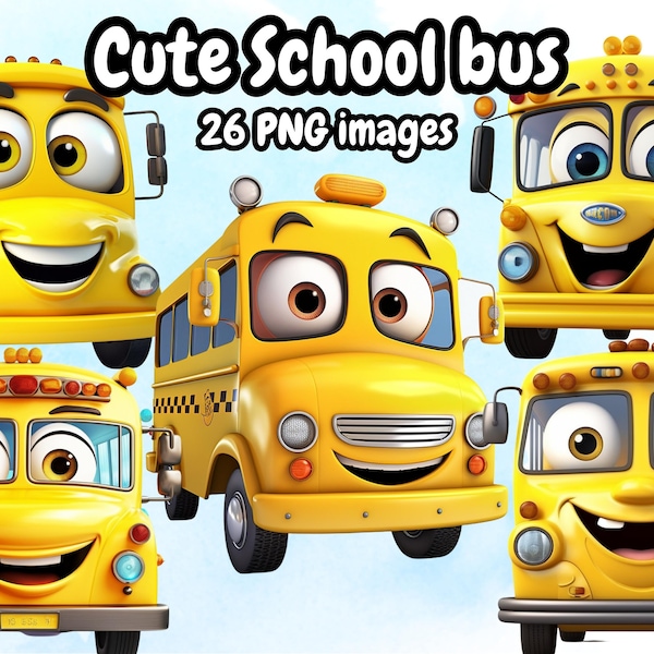 Cute School Bus Clipart, Cute Truck Cartoon For Kids,Instant Download, Kids Vehicles Cartoon Animated Vehicles High Quality PNG Art