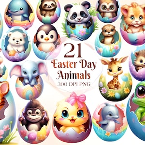 Watercolor Spring Cute Easter Baby Animals Clipart - animals with floral bouquets in PNG format instant download for commercial use