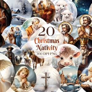 Nativity Scene Clipart Watercolor Bundle, Transparent PNG, Christmas Jesus clipart,Digital Download, Card Making Scrapbooking,Commercial Use