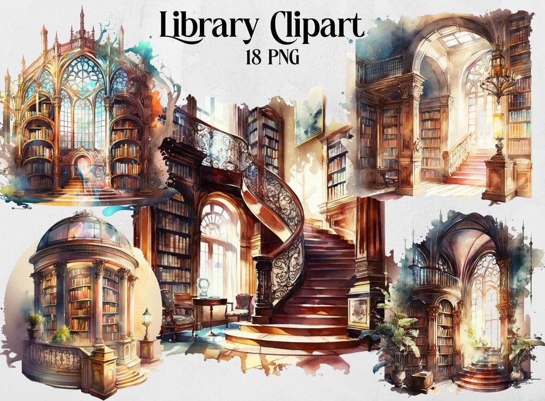 Watercolour Cozy Library Clipart Bundle, Bookshelf, Bookcase, Aesthetic ...