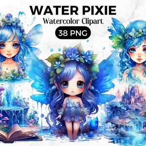 Watercolour Water Blue Pixie Clipart,Fairytale Fantasy Digital Image Downloads for Card Making,Scrapbook, Junk Journal, Paper Crafts