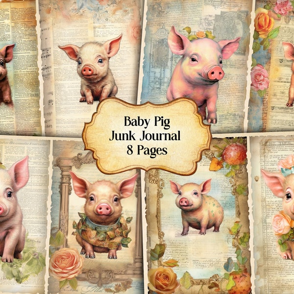 Watercolor Baby Pig Junk Journal Printable Page, Baby Cute Pig Junk Journal Kit,Junk Journal Paper Digital Collage Sheet, Instant Download