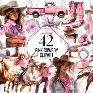 42 Pink Cowgirl Watercolor Clipart PNG Digital Download | Cute Cowgirl Wild West PNG Boho Pink Western Cowgirl First Rodeo Birthday Clipart