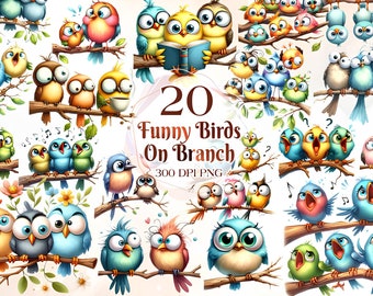 Funny Birds on Branch Clipart 20 Png, Cute Caricature Songbirds, Quirky Bird Watercolor, Silly Animal Png, Digital Print Scrapbooking