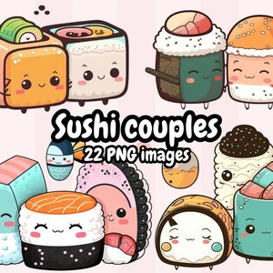 May include: A set of 22 digital illustrations of cute sushi couples. Each sushi roll has a cartoon face and is holding hands with its partner. The sushi rolls are in various styles, including nigiri, maki, and temaki.