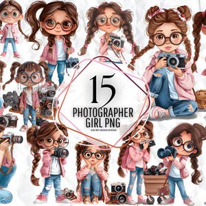 Sublimazione della piccola fotografa ragazza - Fotografo, clipart acquerello stampabile, PNG di alta qualità, download digitale, artigianato con la carta