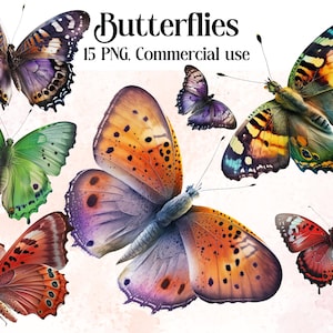 Best Watercolor Butterflies Clipart Bundle, Butterfly Png, exotic butterflies, vibrant colours, bundle illustrations, commercial license