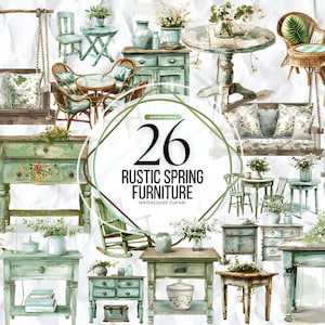 May include: A set of 26 watercolour clipart illustrations of rustic spring furniture. The set includes chairs, tables, a swing, a rocking chair, and a chest of drawers. The furniture is painted in shades of green and brown and features floral designs.