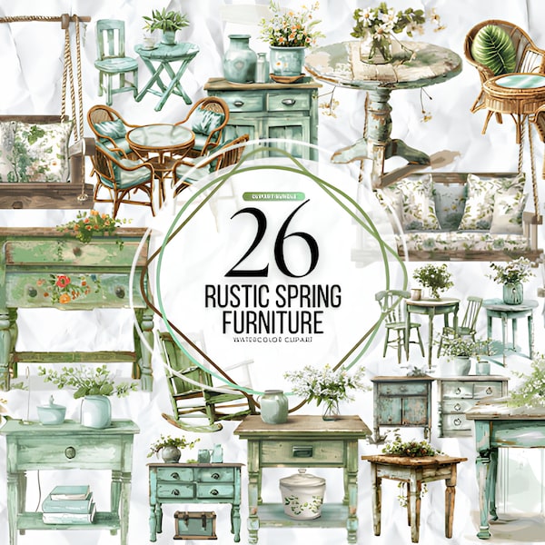 Rustic Spring Furniture Kitchen Cabinet Clipart Bundle 26 High Quality Watercolor JPGs- Crafting, Journaling, Scrapbooking, Digital Download