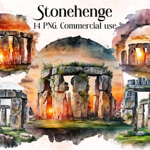 May include: Watercolor illustration of Stonehenge, a prehistoric monument in Wiltshire, England. The image features a circular arrangement of large standing stones, with a sunset sky in the background. The image is in a watercolor style, with soft, blended colors.