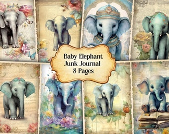 Watercolor Baby Elephant Junk Journal Printable Page, Elephant Junk Journal Kit,Junk Journal Paper Digital Collage Sheet, Instant Download