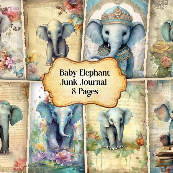 Watercolor Baby Elephant Junk Journal Printable Page, Elephant Junk Journal Kit,Junk Journal Paper Digital Collage Sheet, Instant Download