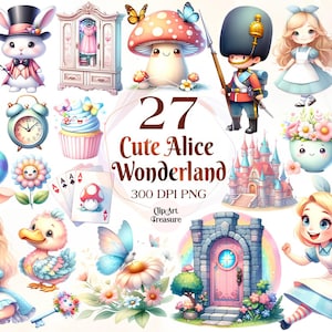 Alice au pays des merveilles Clipart Alice Clip Art aquarelle Alice Adventures Chapelier fou Tea Party Eat Me Drink Me Lapin blanc Illustration clé