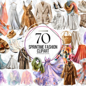 Färgglad vårkollektion, vårtid, akvarell flicka clipart, mode png, akvarell blommiga vårklistermärken, kläder clipart, ladda ner